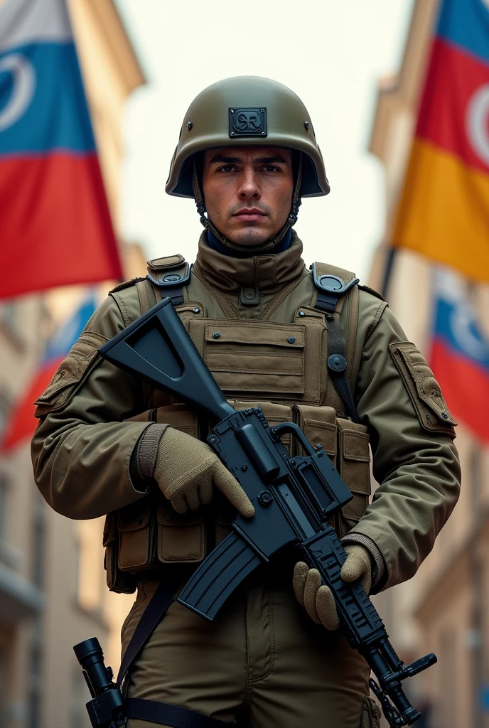 The flag of Armenia in the back, with a stern face, a strong, smart, Armenian soldier standing proudly in Goris, wearing a military uniform, a helmet, a body armor, with a weapon over his shoulder, guards the peace of Armenia, in front of it is the flag of Azerbaijan