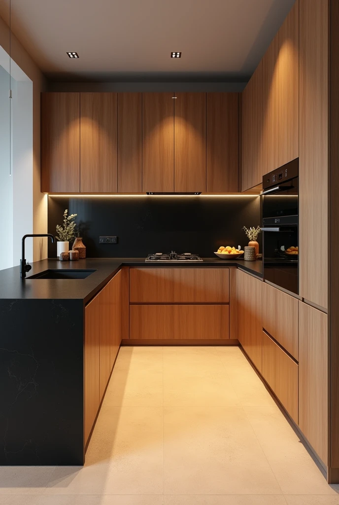 Apartment kitchen with straight linear countertop Black and wood cabinets, the beige floor. Place Lighting in Cabinets and Countertops with Decoration