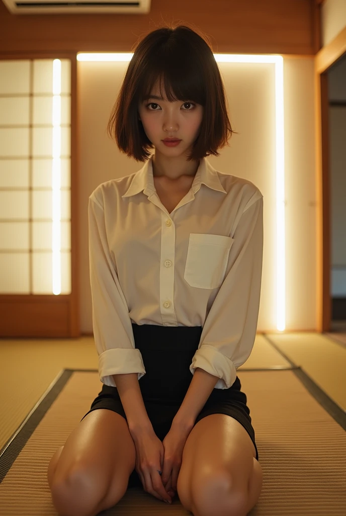 ((Japanese Idols)) ((Plump and Shiny Lips)) Big Breasts ((Short brown hair with bangs)) ((Looking into the camera)) Sit with your legs apart ((White button shirt and black enamel tight skirt)) Low-angle shot of a person standing facing forward look down ((A bedroom with shoji and tatami mats lit up in white neon lights))