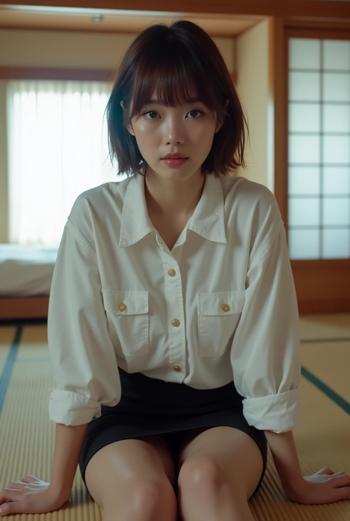 ((Japanese Idols)) ((Plump and Shiny Lips)) Big Breasts ((Short brown hair with bangs)) ((Looking into the camera)) Sit with your legs apart ((White button shirt and black enamel tight skirt)) Low-angle shot of a person standing facing forward look down ((A bedroom with shoji and tatami mats lit up in white neon lights))
