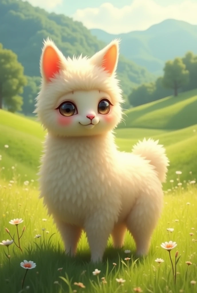 Cat + Llama fusion hybrid: A cat with the long, soft fur and gentle eyes of a llama, standing in a sunny pasture.