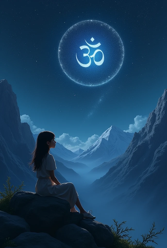 A girl is sit in mountains and see a sky creat a 🕉️ in full of dark night