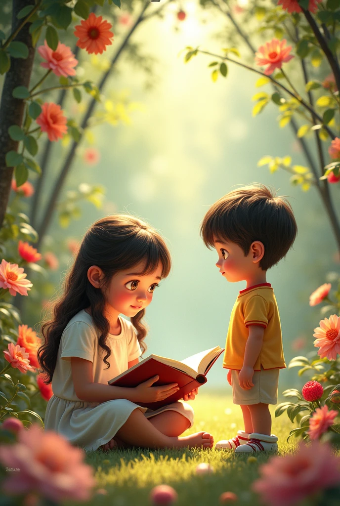 One girl reading book with flowers background and one hoye looking here for 
and play cricket 