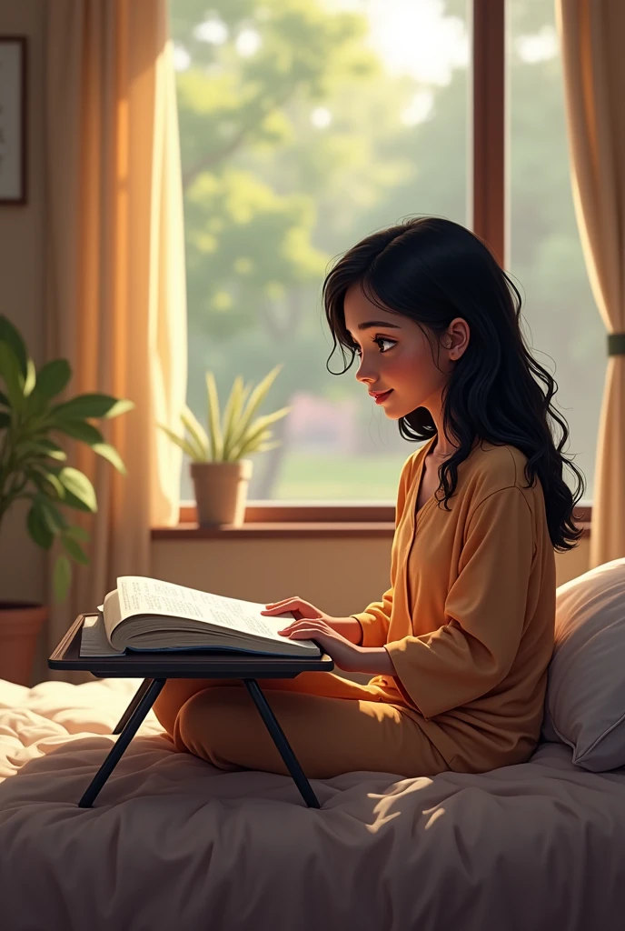 An indian girl reading on portable laptop table on a bed in a ladies hostel room.She is a mbbs student she reads davidson medicine book.A window present beside her bed.