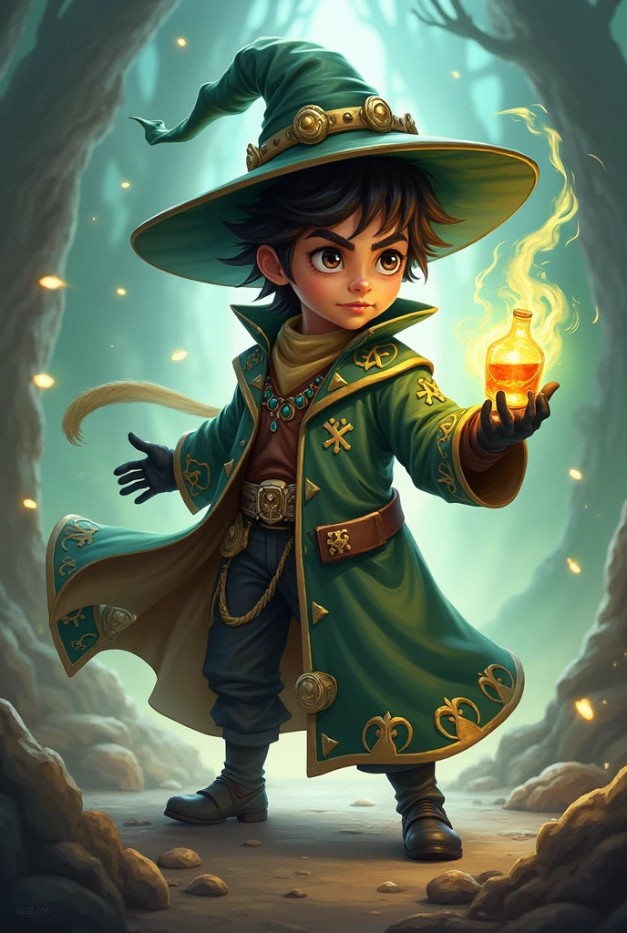 Create a brawler named Nino, who is an Alchemist and in Alchemist's clothes, and with a Potion in hand because he throws these Potions at enemies causing damage and throws them at allies to heal. He is a child