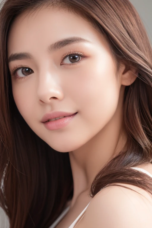 1girl, Solo, High Resolution, Long Hair, Looking at viewer, Walnut Brown Hair, Masterpiece, Award Winning, Best Quality, Detail, Super Detailed, Wavy Hair, Hair Past Shoulder, Large breasts, Black Eyes, Bright Pupils, Seductive Smile, Long Eyelashes, Nikon, F/1.8, Simple background, Big Eyes, Double Eyelids, Almond-shaped eyes, Straight Nose, High Cheek, plump Lips, pink lip colour, Arched Eyebrows, Minimal Makeup, Clear Face, Elegant, Hong Kong actress, Model, 20 years old,  Black dress, one-piece dress, Grey background, Portrait, Focus on eyes, Head shot, posing angle: 45 degrees to camera, straight teeth, well-defined jaw, jewelery 