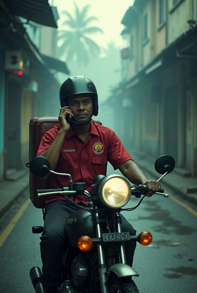 A food delivery man was making a phone call on a motorcycle in an eerily quiet area