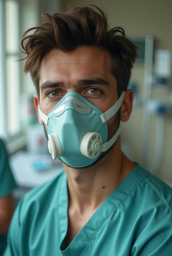 A pic of a patient in the hospital who a oxygen mask on his face which looks ordinary and it is in the face of man of almost 20 to 22 years