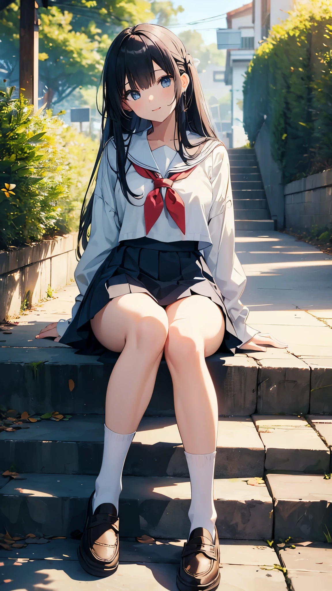 anime girl sitting on steps with her legs crossed (Highest quality:1.2, 4K, 8k, Studio Anime, Very detailed, up to date, Vibrant, Attention to detail, High Contrast, masterpiece:1.2, Highest quality, Best aesthetics), (((1 girl))), Sit and pose, JK, Sailor suit, Pleated skirt, loose socks, loafers, Open your mouth a little:1.2, smile, Dynamic Angle, look up:1.3, Friendly atmosphere, Beautiful Hair, Shiny Hair, Beautiful Skin, Detailed face and eyes, Glossy Lips, Curvy Women, Striking contrast,