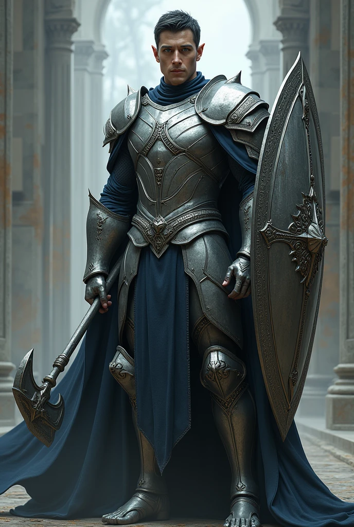 Tall Male elf, dark short hair ,pale skin ,dark blue eyes no beard with silver heavy armor , mace and Great shield