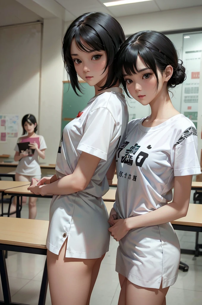 At noon, in the classroom, two female proctors walked into the classroom, holding top secret file bags, two female proctors wearing white T-shirts and short black hair, this female proctor looked at the camera, the lens mainly featured the upper body, in the Lofe art style ((Xinhai City), popular in CGStation, Xinhaicheng H 2160, inspired by Bian Shoumin, Xinhaicheng, Kavasi, Guwitz's style, high-quality pictures, 4K, 8K, resolution, breastsout