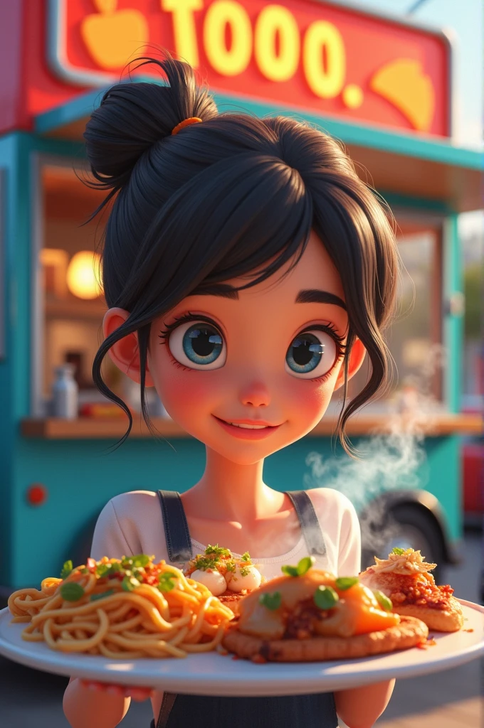 A woman with medium skin color,blue eyes, cute circle face,with messy bun black hair only, looking at the delicious food on plate at the food truck realistic