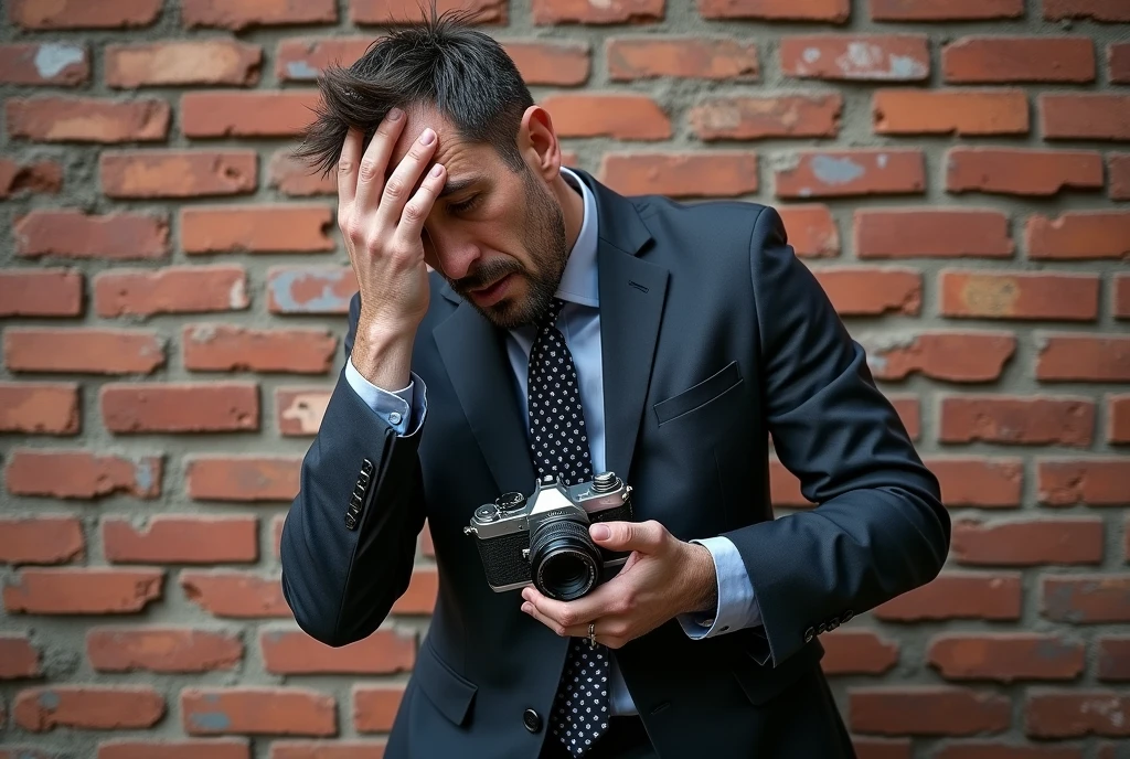 A photographer with a camera bangs his head against a brick wall, dressed in a suit