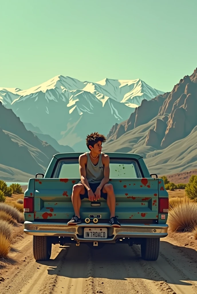 Michael 1 teenager and skateboarder, mora em nevada city, montanhas da california, sitting in the back of his father&#39;s old pickup truck, based on this create an image as if it were a book or record cover