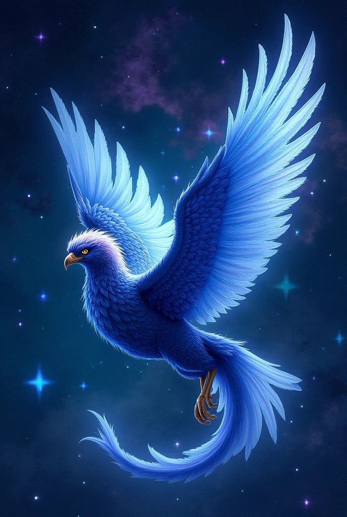 Celestial Griffin in a Starry Night: A griffin with deep indigo feathers and glowing, ethereal wings soars through a sky filled with constellations. The stars around it are exaggerated in size and color, forming a dazzling backdrop of blues, purples, and bright whites.