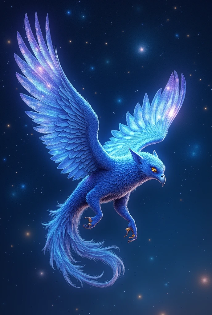 Celestial Griffin in a Starry Night: A griffin with deep indigo feathers and glowing, ethereal wings soars through a sky filled with constellations. The stars around it are exaggerated in size and color, forming a dazzling backdrop of blues, purples, and bright whites.