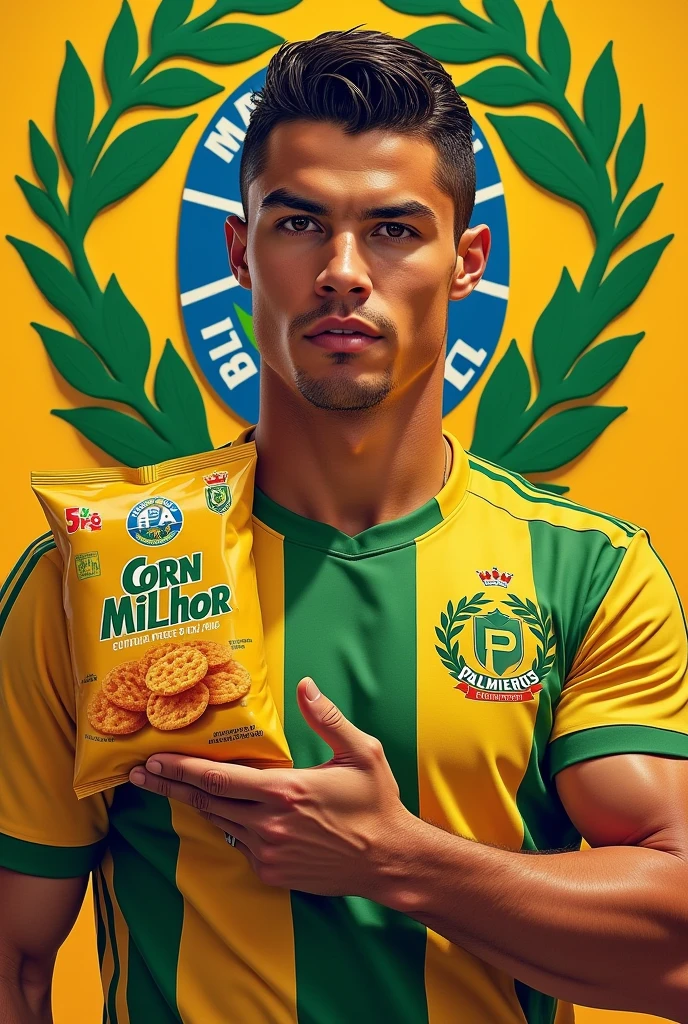 Cristiano Ronaldo as poster boy for corn snack brand "milhor", with a packet of snacks in his hand, with the coat of arms of the Brazilian football team Palmeiras FC on the snack package