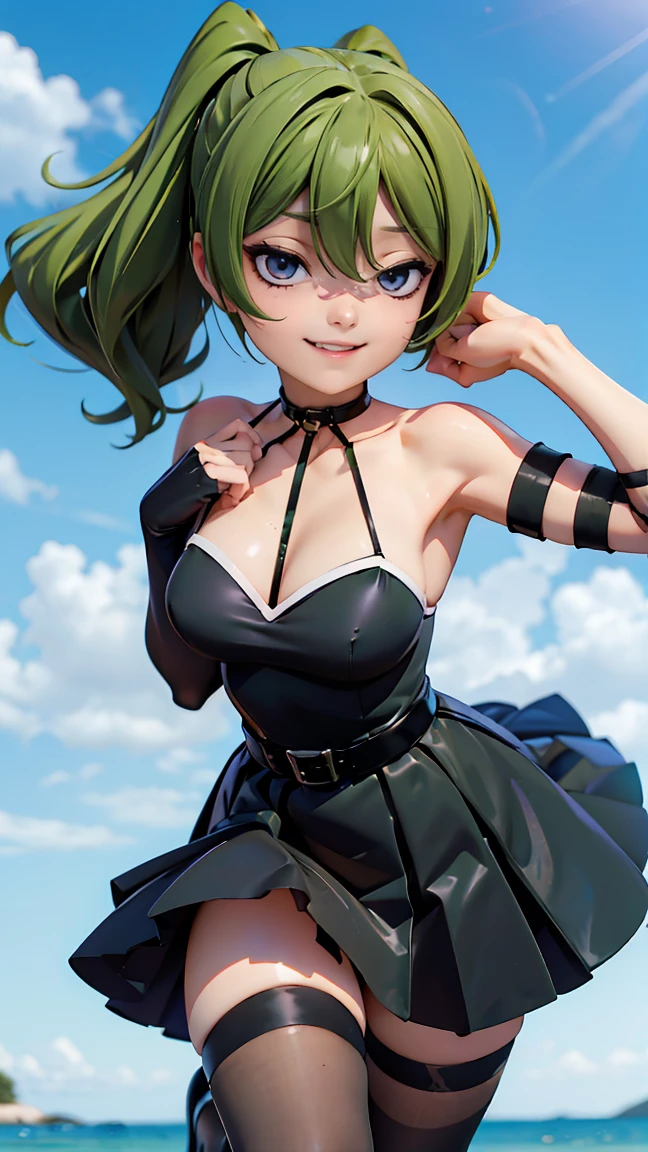 (bad, sousou no frieren), 1 girl, green hair, realistic skin, (full body shot), masterpiece, smirk, (black dress), (split thigh dress), high heels, stocking