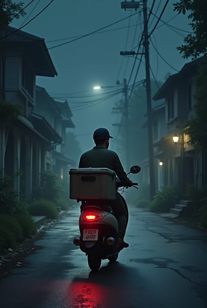 A food delivery man is making a phone call on a motorcycle in a quiet and creepy area at night