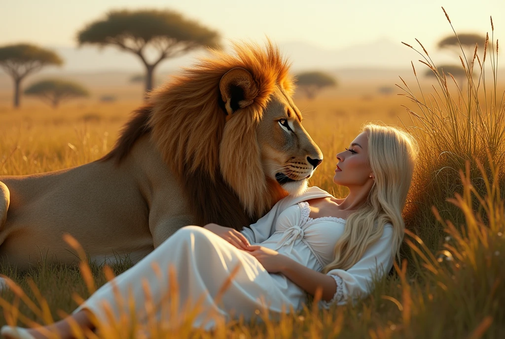 Create a captivating, hyper-realistic, AI-generated artwork of a lion lying on the ground in an African savanna. The lion should be depicted in a natural and tranquil moment, with its powerful, muscular form being approximately 1.5 times larger than the White woman with blonde hair who is lying next to it. The woman is leaning against the lion in a peaceful, relaxed manner. The scene should reflect the African landscape, with a backdrop of lush vegetation, tall grasses, and perhaps a few distant acacia trees. Use earthy, natural tones to depict the savanna and the lion’s golden-brown fur, highlighting the contrast between the lion, the woman, and the surrounding environment. The lighting should be soft and natural, conveying the warmth of the African sun and the peacefulness of the scene. The style should be hyper-realistic yet artistic, with an intense focus on the fine details of the lion, the woman, and their habitat. The final artwork should be high-resolution and visually striking, capturing the serene connection between the woman and the lion in their natural setting.