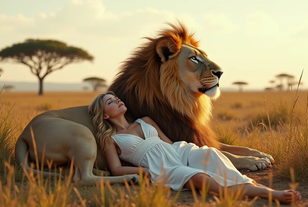 Create a captivating, hyper-realistic, AI-generated artwork of a lion lying on the ground in an African savanna. The lion should be depicted in a natural and tranquil moment, with its powerful, muscular form being approximately 1.5 times larger than the White woman with blonde hair who is lying next to it. The woman is leaning against the lion in a peaceful, relaxed manner. The scene should reflect the African landscape, with a backdrop of lush vegetation, tall grasses, and perhaps a few distant acacia trees. Use earthy, natural tones to depict the savanna and the lion’s golden-brown fur, highlighting the contrast between the lion, the woman, and the surrounding environment. The lighting should be soft and natural, conveying the warmth of the African sun and the peacefulness of the scene. The style should be hyper-realistic yet artistic, with an intense focus on the fine details of the lion, the woman, and their habitat. The final artwork should be high-resolution and visually striking, capturing the serene connection between the woman and the lion in their natural setting.
