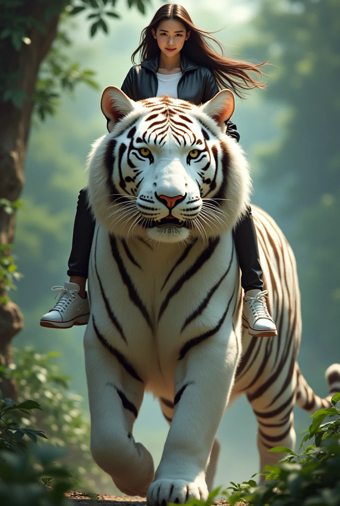 1 beautiful Korean adult woman,senyum,rambut panjang tertiup angin,very beautyfull,.wear a t-shirt,jaket hitam,dan celana panjang.white shoes. riding a giant tiger in the jungle, very super king big white tiger, tampak depan, facial details.