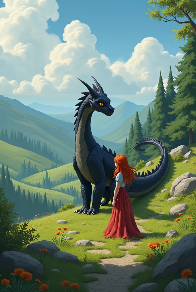 I want a landscape with a dragon and a princess and it should be realistic, not too animated., They are both friends and the princess is a redhead. They should be further away so that the dragon looks more adult. The dragon should be bigger and black.