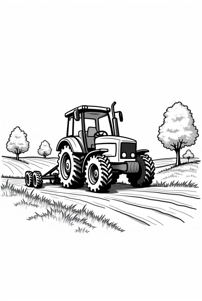 Please, Create a black and white drawing of a tractor working on a farm, with a plow behind and simple lines on the wheels. The tractor should be in a field with some trees in the background, and leave room for to add more farm details, like animals or a barn."