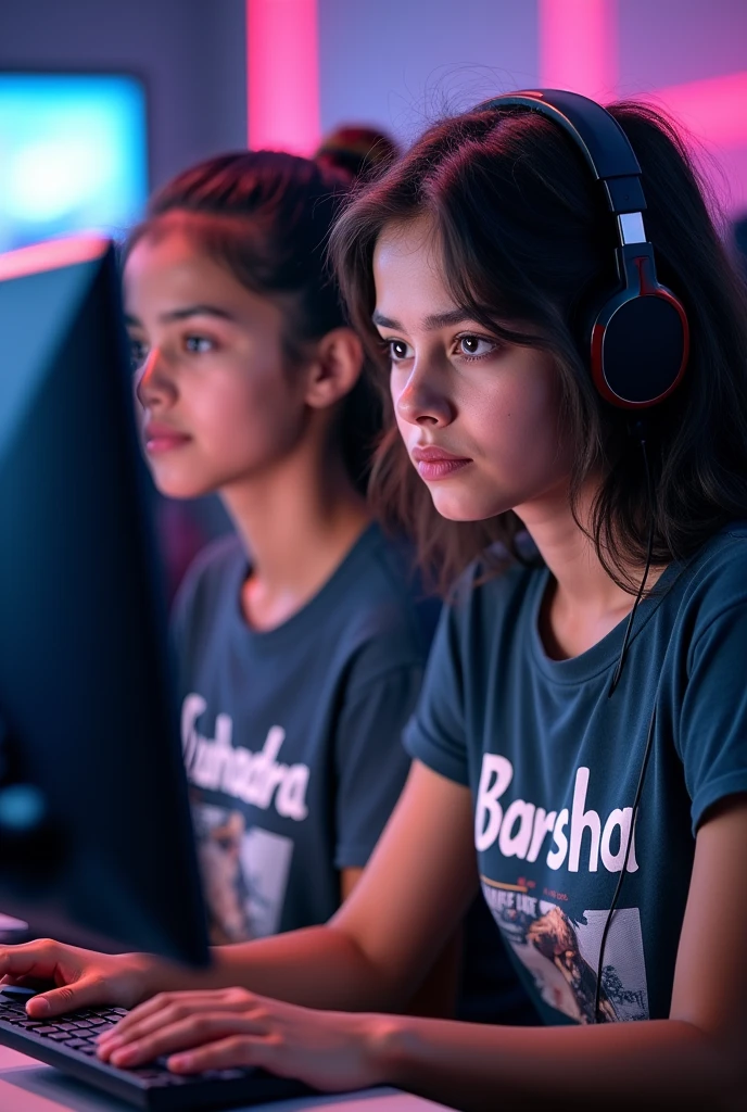 2GIRLS PLAYING FREE FIRE GAME 1ST GIRL TSHIRT NAME PRINT -SUBHADRA 2ND GIRL TSHIRT NAME PRINT -BARSHA written on it 