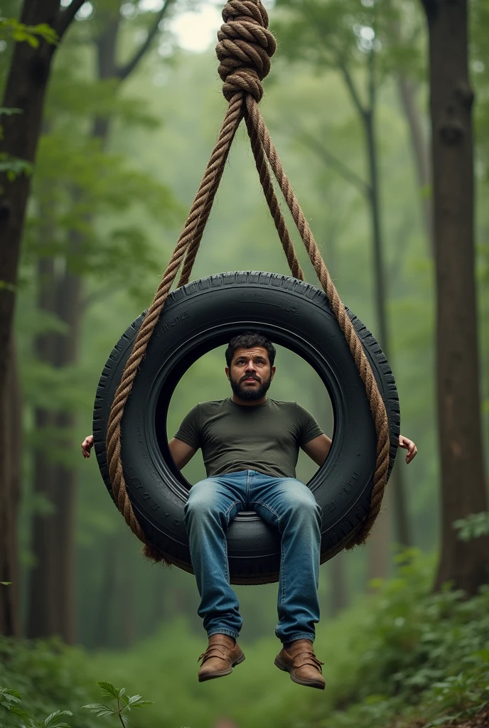 A man sit inside a tire tired with a very long rope
That is tied with tyre hanging it like he is doing potty sitting on a tire and background will be in forest the tired should not be tergitta ground it should be hanging in air and the Rope should be tied in like a Mount 10 peak the tyre should not touch the ground it should be hanging in the air rope should be seen very long more and more long rope make it ugle like a man doing toilet on that make it very vulgar