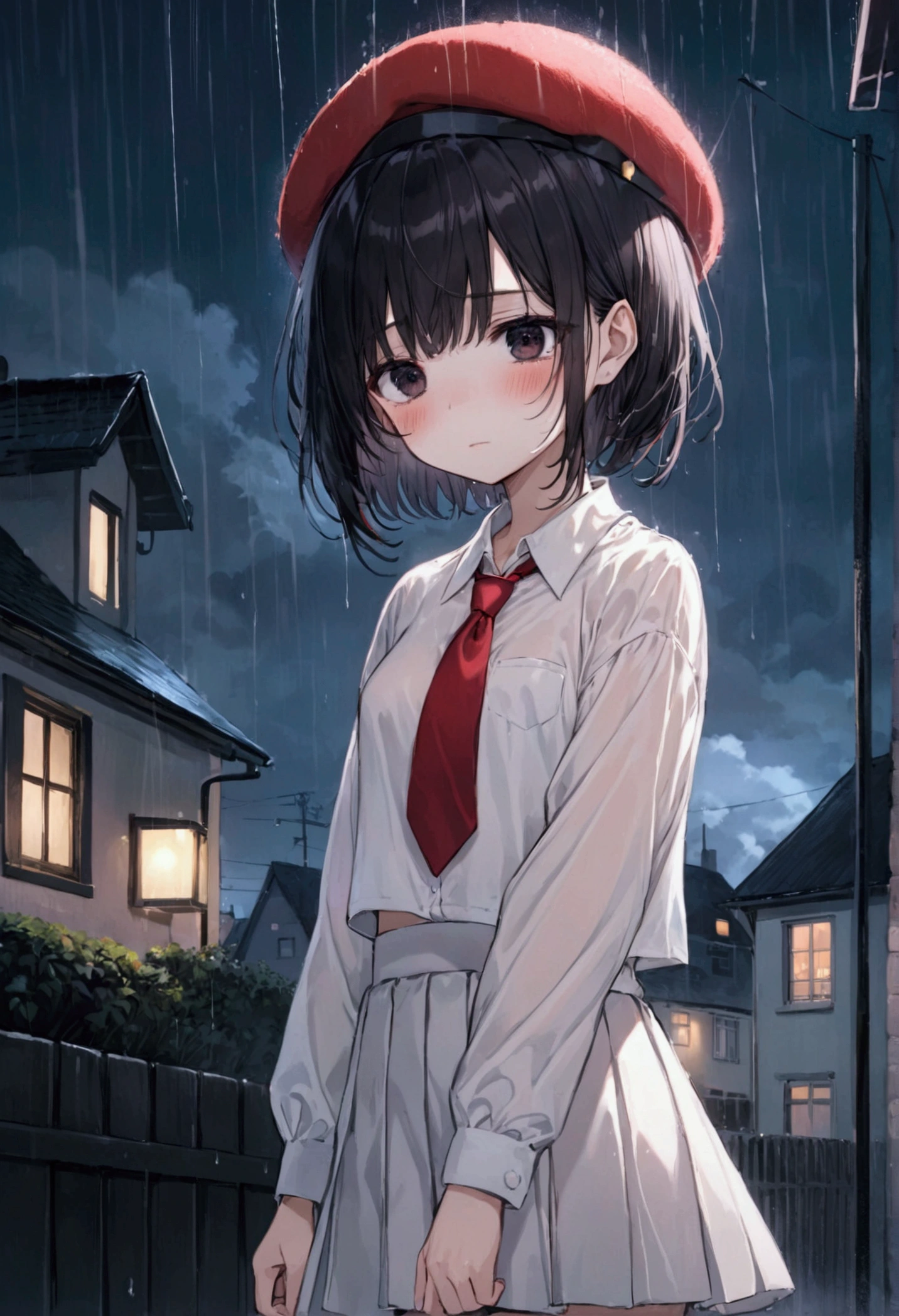 anime girl, short black hair without bangs, black eyes, wearing a white shirt, red tie, white knee-length skirt, wool hat red, blush, a bit sad, it was raining at night, looking at the houses with low lights on