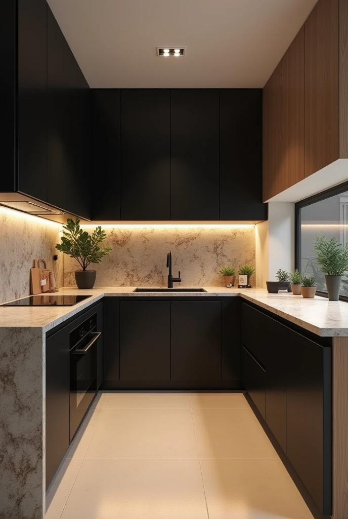 ￼Apartment kitchen with straight linear countertop Black and wood cabinets, the beige floor. place lighting on the cabinets and countertop with stone decoration on the kitchen countertop in a lighter tone than the cabinets to create contrast￼