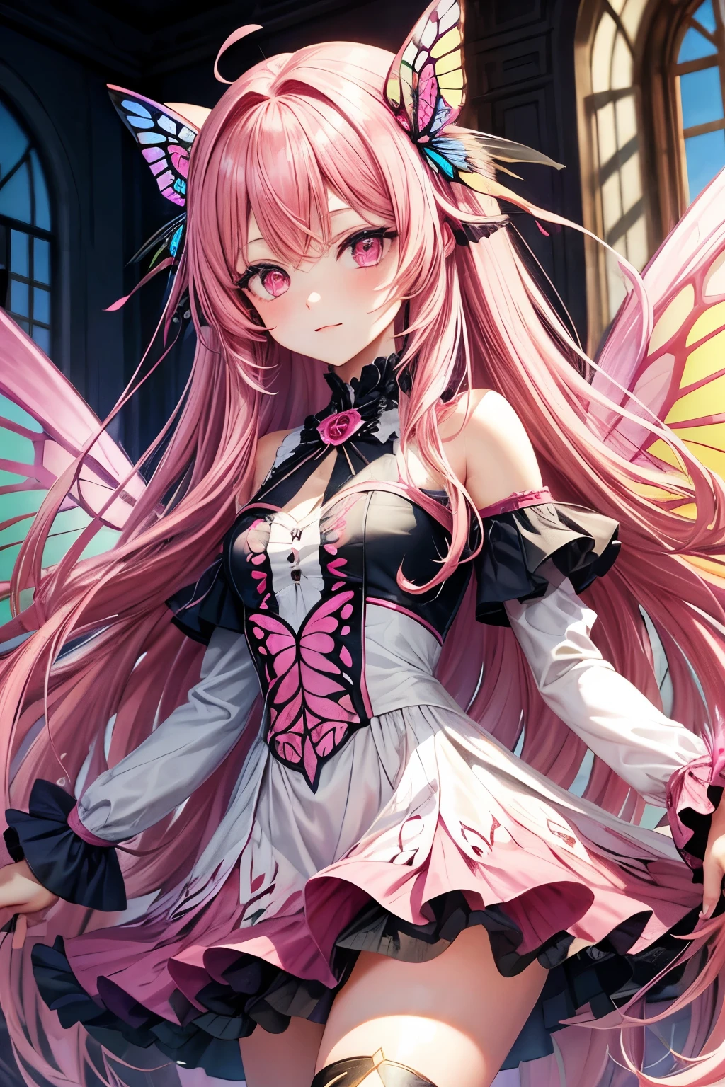 Long pink hair,Pink eyes,Girl,Butterfly wings