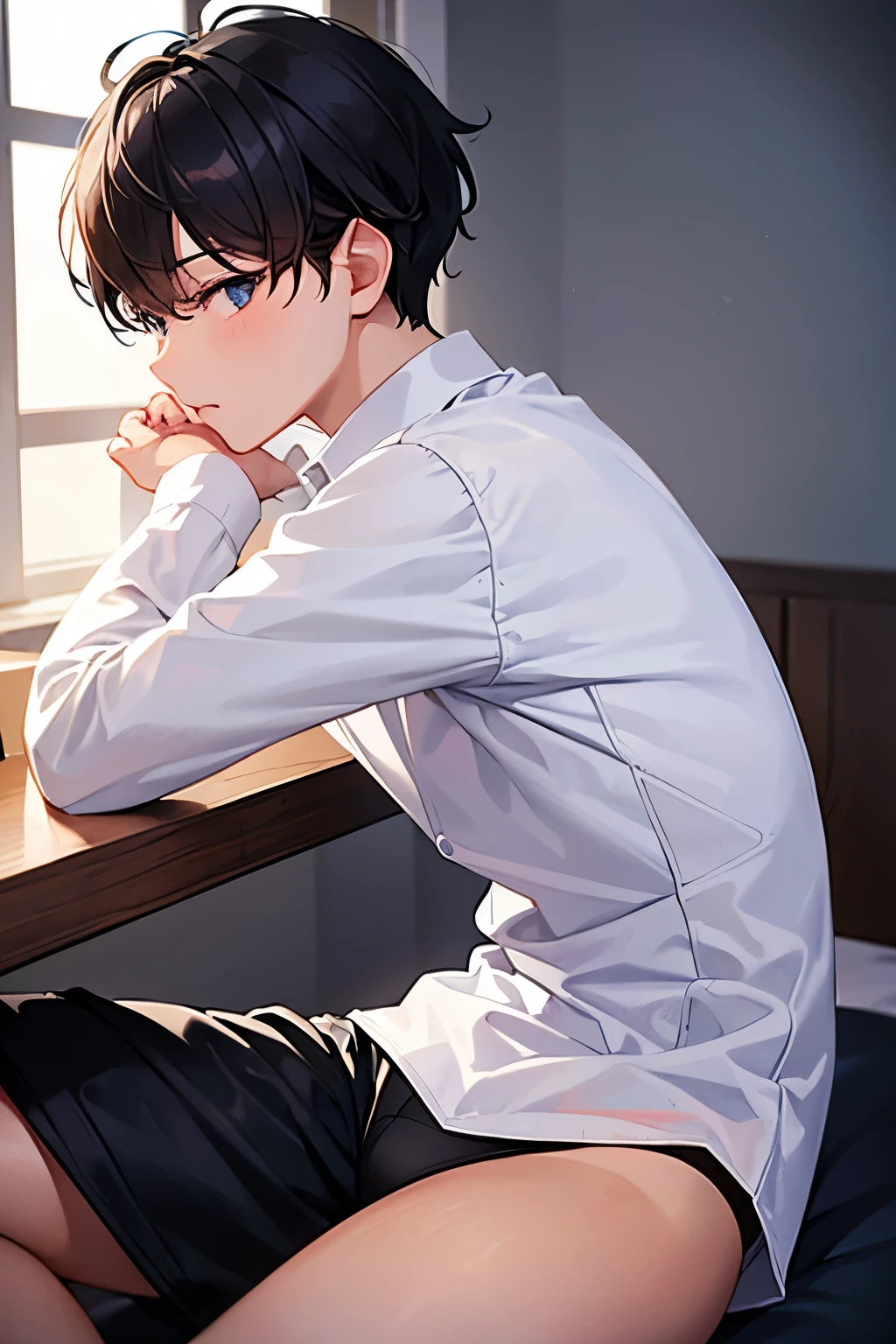There is a 16-year-old boy with short gray hair asleep on his high school desk in a white short-sleeved shirt.