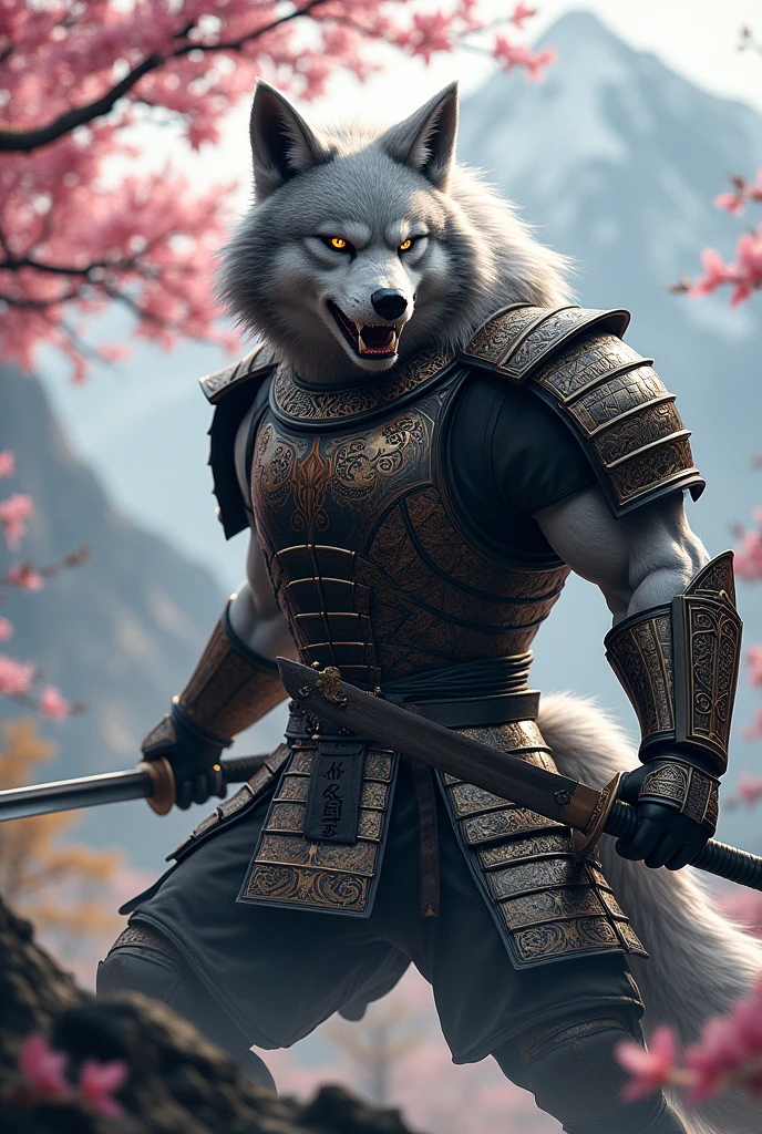 Full-body gray adult anthropomorphic wolf in samurai armor with a katana in his right hand, in a defense position with a Sakura tree behind and a mountain in the background