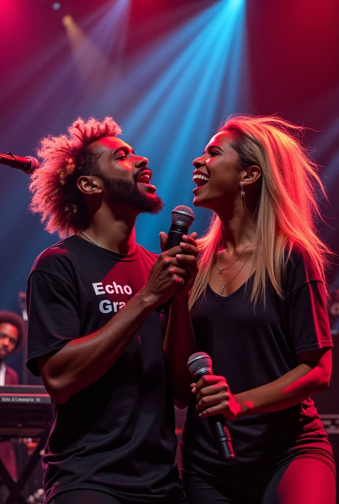 (GOOD QUALITY, : 1.8), black male singer and black female singer, brown, singing pop techno, yelling: 1, lights: 1.5, hair stuck, hair blonde: 1.3, (holding microphone: 1.2), Shirt with Echo Grace written on it, comely, red and blue, Face ultra detailed, band playing keyboard and drums in the back detailed, praising God, feeling the presence of God.
