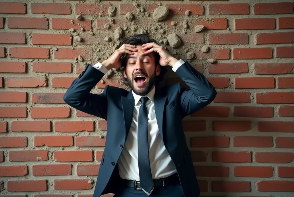 A photographer with a camera bangs his head against a brick wall, dressed in a suit