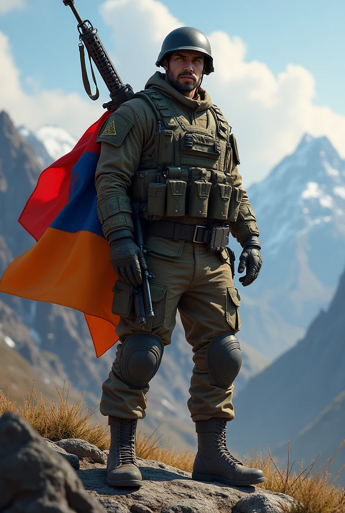 Armenian flag on the back, stern face, strong, intelligent, Armenian soldier standing proudly in the mountains of Goris, in military uniform, helmet, body armor, weapon slung over his shoulder