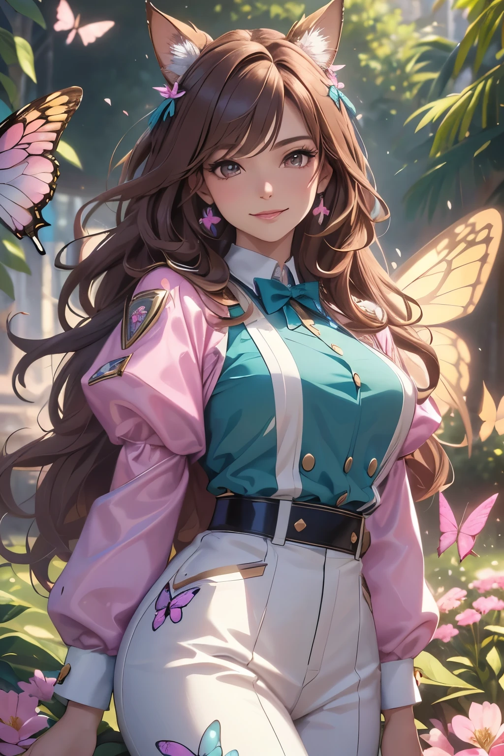 (best quality,4k,8k,highres,masterpiece:1.2),ultra-detailed,(realistic,photorealistic,photo-realistic:1.37),acrylic painting,beautiful Brazilian model in a uniform outfit with downy hair,beautiful Brazilian model with extremely colorful brown hair and detailed facial features,beautiful Brazilian model standing in a beautiful garden sakura flowers, long hair,cat ears, hair bows, glitter uniform outfits, smile, happy face,light brown hair,butterflies, brown eyes, mature woman, older woman, 30 year old, adult woman. Older lady, posing,Solo, teal and pink butterflies, close up