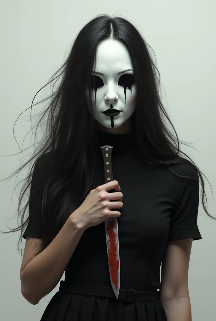 Make a woman with a white mask over her face, hair covering the top of the mask, black mouth on the mask with neutral emotion, long hair wearing a black dress holding a bloody knife 