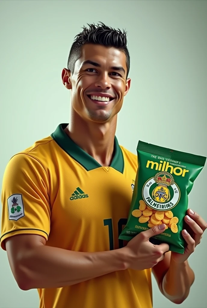 Cristiano Ronaldo as poster boy for corn snack brand "milhor", with a packet of snacks in his hand, with the coat of arms of the Brazilian football team Palmeiras FC only on the snack package