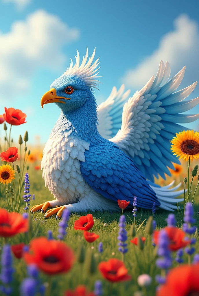 Griffin in a Vibrant Flower Meadow: A griffin with shimmering blue and silver plumage lies majestically in a meadow filled with vividly colored flowers—poppies, sunflowers, and lavender—under a bright, clear sky. Each petal and feather reflects the brilliant sunlight, creating a kaleidoscope of colors.