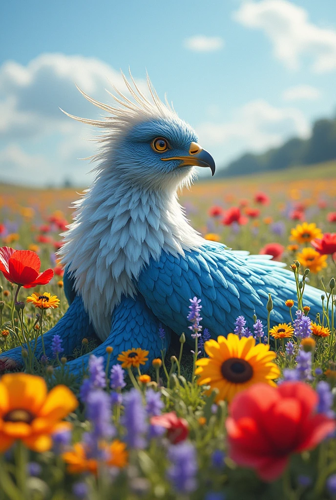 Griffin in a Vibrant Flower Meadow: A griffin with shimmering blue and silver plumage lies majestically in a meadow filled with vividly colored flowers—poppies, sunflowers, and lavender—under a bright, clear sky. Each petal and feather reflects the brilliant sunlight, creating a kaleidoscope of colors.