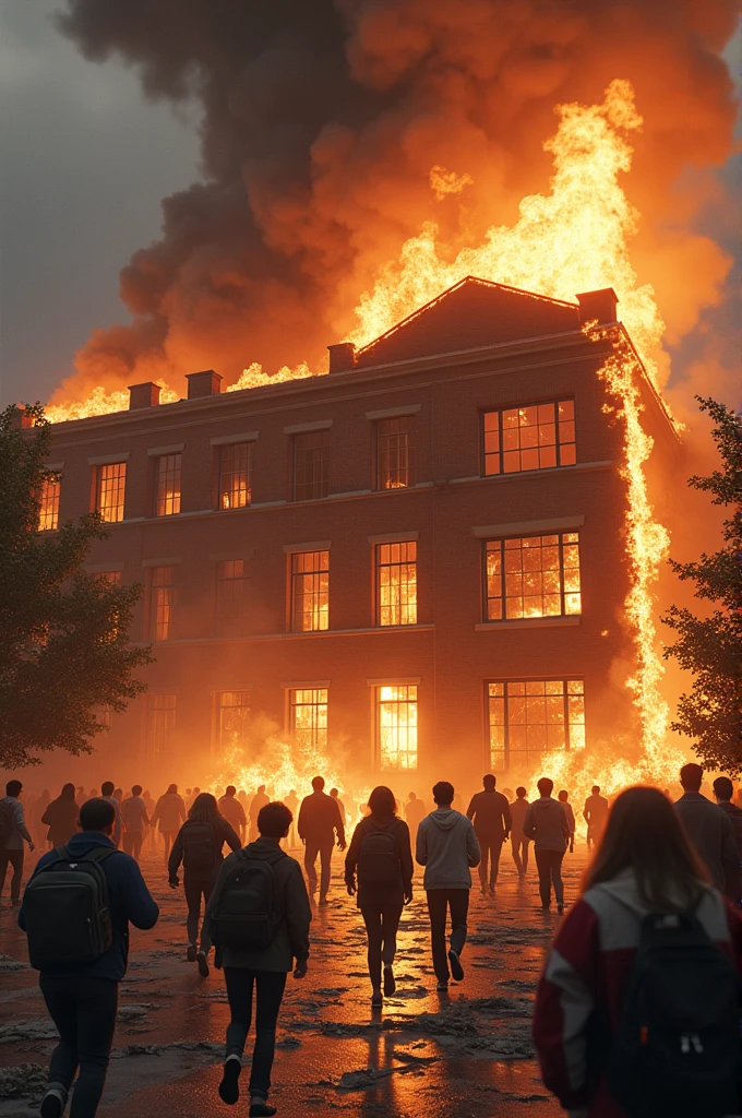 A school collapsing in flames 