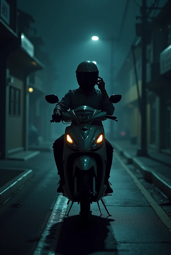 A food delivery man is calling someone on a motorcycle in a quiet and creepy area at night