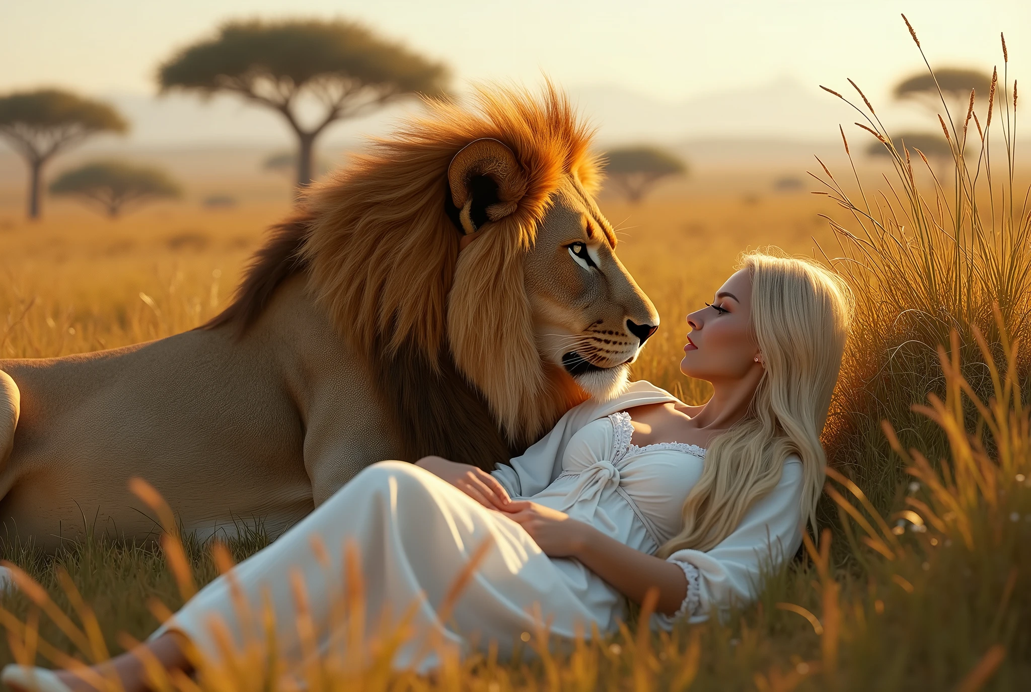 Create a captivating, hyper-realistic, AI-generated artwork of a lion lying on the ground in an African savanna. The lion should be depicted in a natural and tranquil moment, with its powerful, muscular form being approximately 1.5 times larger than the White woman with blonde hair who is lying next to it. The woman is leaning against the lion in a peaceful, relaxed manner. The scene should reflect the African landscape, with a backdrop of lush vegetation, tall grasses, and perhaps a few distant acacia trees. Use earthy, natural tones to depict the savanna and the lion’s golden-brown fur, highlighting the contrast between the lion, the woman, and the surrounding environment. The lighting should be soft and natural, conveying the warmth of the African sun and the peacefulness of the scene. The style should be hyper-realistic yet artistic, with an intense focus on the fine details of the lion, the woman, and their habitat. The final artwork should be high-resolution and visually striking, capturing the serene connection between the woman and the lion in their natural setting.