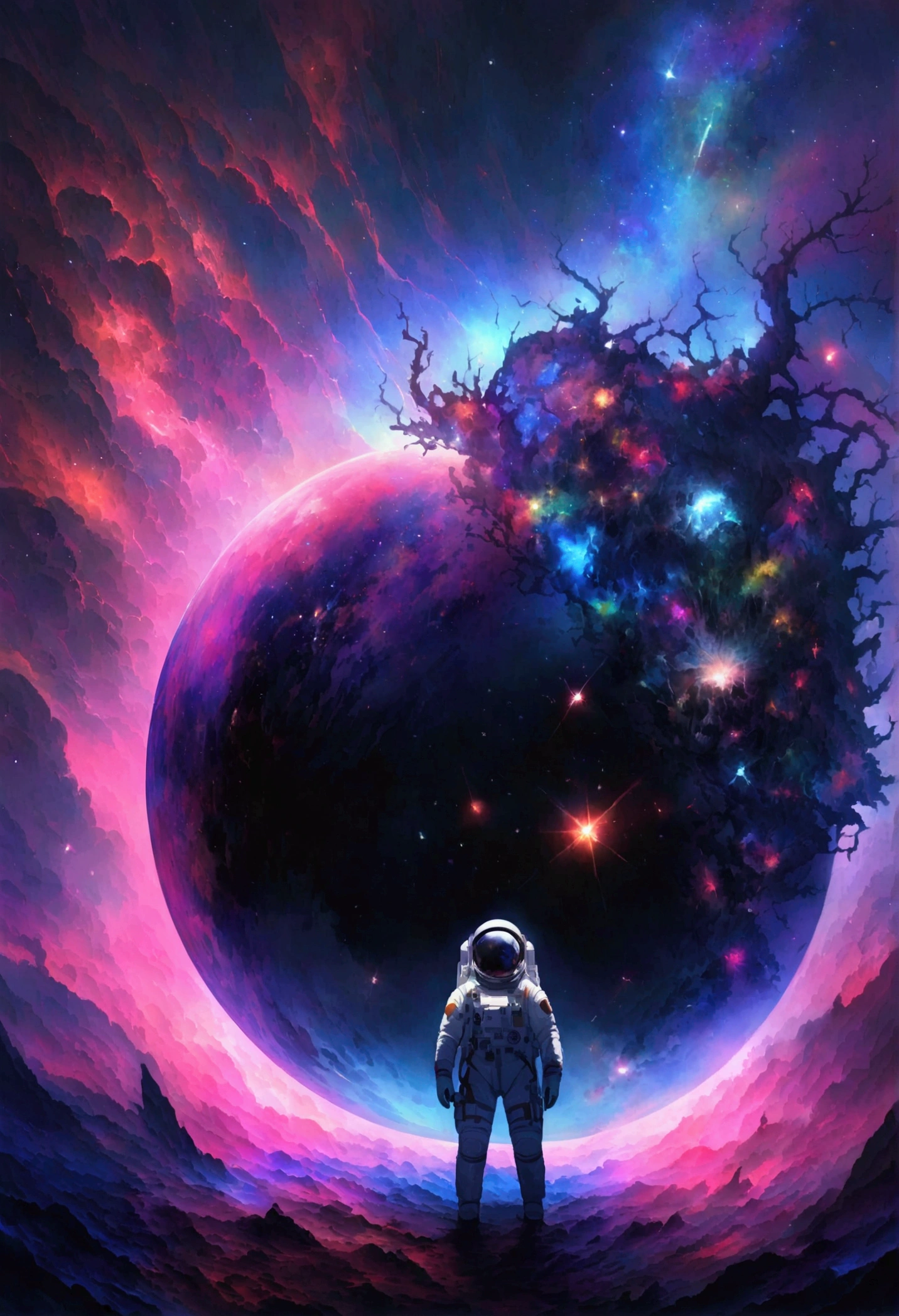 In an ethereal expanse of cosmic dust and vibrant colors, An astronaut floats silently in space with no signs of life. The skull on the helmet is scary,It makes your hair stand on end. The juxtaposition of eerie stillness and vibrant colors,Created an unforgettable representation of cosmic destruction.