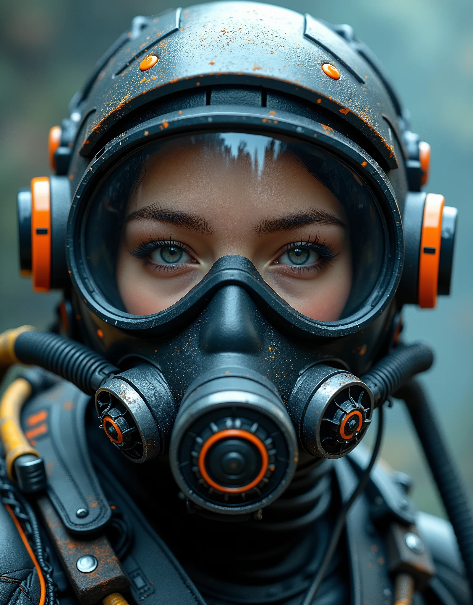 ultra-realistic, photorrealistic, diver, work of art, (Facial Focus:1.3), gorgeous eyes, (wearing commercial diving suits with diving equipment that looks like a cyberpunk, intrikate, complex hard armor mecha with neon sign), (fully equipped for diving:1.3), (using a full face diving mask:1.5), (putting diving breathing mask in mouth:1.5), looking straight ahead.