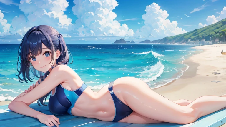 Blue sea and sky in the background、Please draw a scene of a woman wearing a two-piece swimsuit relaxing on a swim ring.。She smiles、Enjoying the summer sunshine while being rocked by the waves。In the background、Sandy beaches and seaside scenery。