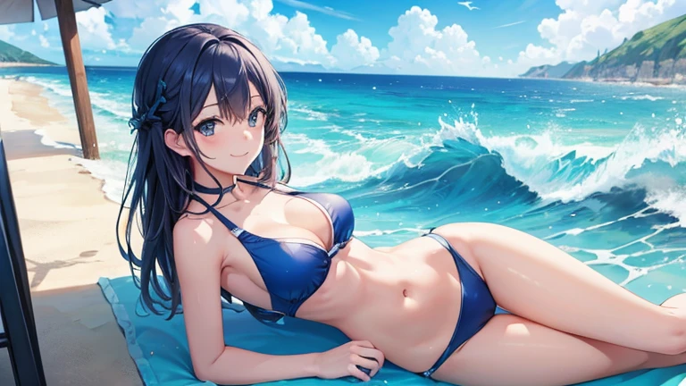 Blue sea and sky in the background、Please draw a scene of a woman wearing a two-piece swimsuit relaxing on a swim ring.。She smiles、Enjoying the summer sunshine while being rocked by the waves。In the background、Sandy beaches and seaside scenery。